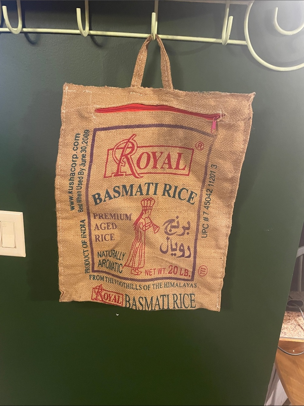 Basmati Rice Jute Tote Bag in Natural Brown with Red Accents